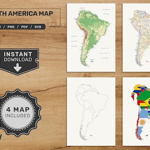 Pacchetto mappe del Sud America. Set di mappe americane stampabili. Mappa politica, fisica, vuota e con bandiere. Download digitale in formato svg - jpg - png - pdf!