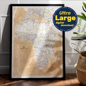 Afdruk politieke kaart van Afrika. AFDRUKBARE kaart met hoge resolutie van het continent Afrika. Afrika kaart kunst aan de muur. Downloaden voor reizen, onderwijs en decoratie.
