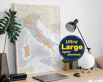 Political Map of Italy. Large detailed Italian map poster with cities & capitals. Download in Jpg Png Svg Pdf. For Travel, Education, Decor