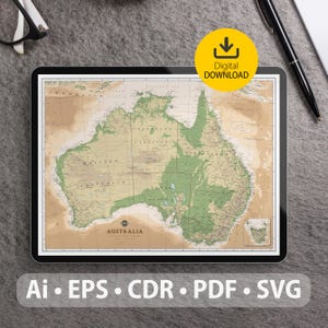 Mapa vectorial de Australia. Archivos SVG, AI, EPS, CDR y PDF incluidos. Mapa detallado de Australia escalable y editable. Ideal para decoración, estudio y viajes.