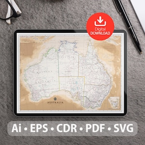 Mapa vectorial de Australia. Archivos SVG, AI, EPS, CDR y PDF incluidos. Mapa detallado de Australia escalable y editable. Ideal para decoración, estudio y viajes.