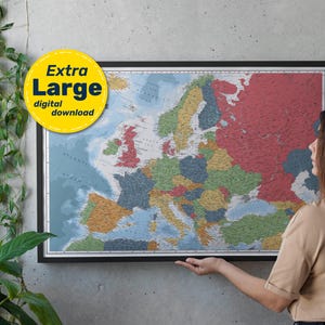 Carte politique détaillée de l'Europe – Grand poster imprimable avec pays, villes & capitales. Téléchargement numérique pour éducation, déco