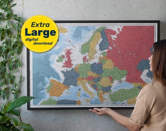 Detailed Political Map of Europe. Large Printable EU Poster with Countries, Cities & Capitals. Digital Download for Education, Travel, Decor