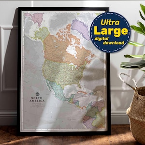 Impression de carte politique de l'Amérique du Nord. Carte imprimable haute résolution de l'Amérique du Nord. Art mural carte de l'Amérique. À télécharger pour les voyages, l'éducation et la décoration