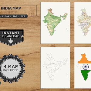 Lot de cartes de l'Inde. Jeu de cartes indiennes imprimables. Carte politique, physique, vierge et drapeau. Téléchargement numérique svg - jpg - png - format pdf !