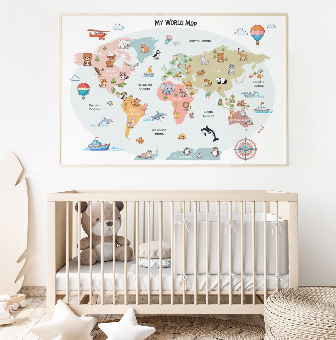 World Map Print for Kids, Animal World Map Print, Nursery Kids Decor ...