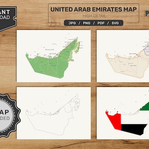 May include: Four different maps of the United Arab Emirates. The first map is a detailed green and brown map with city names and roads. The second map is a detailed beige and brown map with city names and roads. The third map is a black and white outline map. The fourth map is a map of the United Arab Emirates with the flag colors.