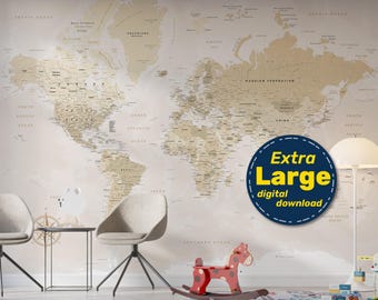 国が記載された世界地図。印刷可能なナチュラルベージュ色の世界地図。svg、jpg、png、pdf 形式で高解像度をダウンロードできます。