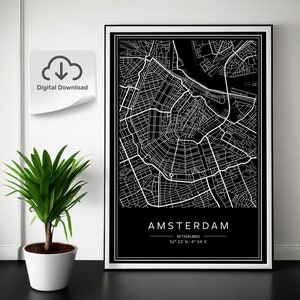 Amsterdam City Map Print, modernes zeitgenössisches Poster in 5 verschiedenen Seitenverhältnissen für alle Rahmengrößen. Schwarz und Weiß. DIGITALER DOWNLOAD.