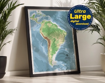 South America Physical Map Print. High-Resolution PRINTABLE South America Map. South America Map Wall Art. For Travel, Education, & Decor.