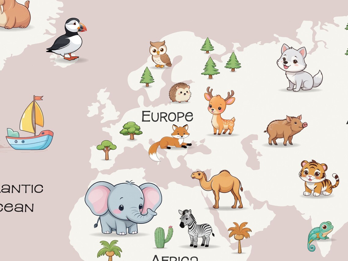 World Map Print for Girls, Animal World Map Print, Nursery Kids Decor ...