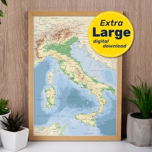 Gedetailleerde fysieke kaart van Italië. Italiaanse terrein vectorkaart. Educatieve kaartprint met steden en hoofdsteden. Svg, jpg, png en pdf direct downloaden