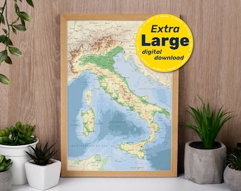 Italy Detailed Physical Map. Italian Terrain Vector Map. Educational Map Print with cities, capitals. Instant Download svg, jpg, png and pdf