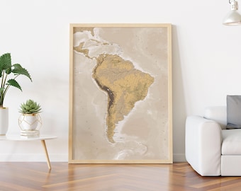 South America Beige Map Print. High-Resolution Vintage terrain South America Map. Printable Wall Art. For Travel, Education, & Decor.