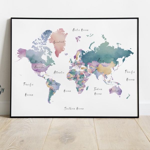 Abstract Watercolor World Map Print. Colorful Map of the World Printable Modern Poster. Wall Art. DIGITAL DOWNLOAD. 2 Version included!