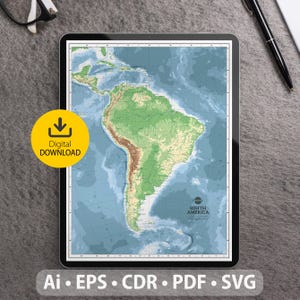 Mapa vectorial de Sudamérica. Archivos SVG, AI, EPS, CDR y PDF incluidos. Mapa detallado de Sudamérica escalable y editable. Para decoración, estudio y viajes.