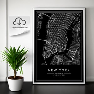 New York City Map Print, moderne, eigentijdse poster in 5 verschillende beeldverhoudingen, geschikt voor alle frameformaten. Zwart en wit. DIGITALE DOWNLOAD.