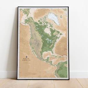 Geländekarte von Nordamerika | Nordamerika Karte Poster Kunstdruck | Amerikanische Kontinent Relief Wand Kunst Karte auf Leinwand | Landkarte