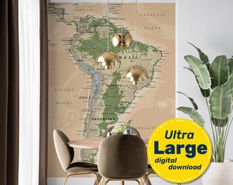 Detaillierte Landkarte von Südamerika.  Digitale Landkarte Amerikas mit vielen Ländern, Städten und Hauptstädten. Hochauflösender Druck. svg, jpg, png und pdf.
