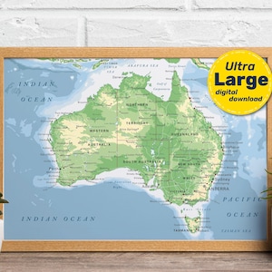 Gedetailleerde fysieke kaart van Australië. Vector Australië kaart. Educatieve continentprint. Directe digitale download met svg, jpg, png en pdf.