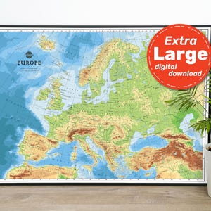 Impressão de mapa de terreno da Europa. Mapa físico da Europa IMPRIMÍVEL em alta resolução. Arte de parede de mapa da UE. Download instantâneo para viagens, educação e decoração.