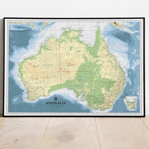 Geländekarte von Australien | Australien Karte Poster Kunstdruck | Klassisches Australien Physisches Kartenposter. Lehrreiche Landkarte design.