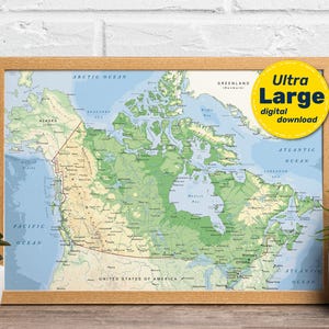 Carte physique détaillée du Canada. Carte vectorielle du relief canadien. Carte pédagogique imprimée avec les villes et les capitales. Téléchargement instantané svg jpg png et pdf