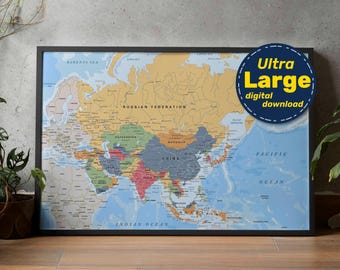 Mapa político de Asia. Póster grande imprimible a todo color con el mapa de Asia, países, ciudades y capitales. Jpg, png, svg, pdf, descarga digital.