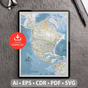 Mapa vectorial de América del Norte. Archivos SVG, AI, EPS, CDR y PDF incluidos. Mapa detallado de América del Norte escalable y editable. Para decoración, estudio y viajes.