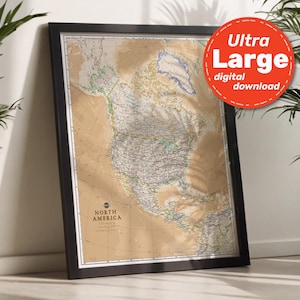Impression de carte politique de l'Amérique du Nord. Carte imprimable haute résolution de l'Amérique du Nord. Art mural carte de l'Amérique. À télécharger pour les voyages, l'éducation et la décoration