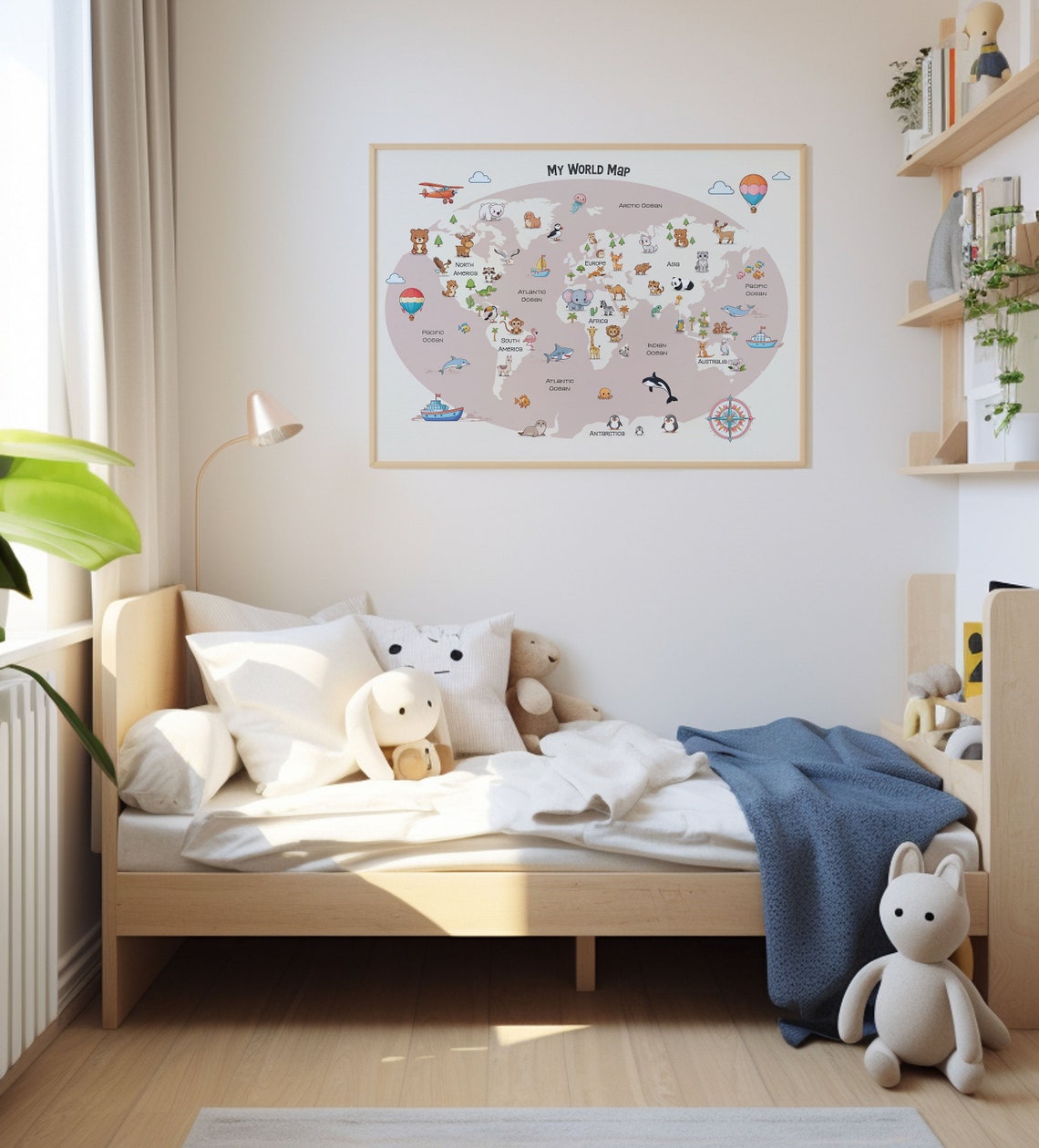 World Map Print for Girls, Animal World Map Print, Nursery Kids Decor ...