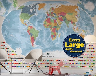 Political World Map with flags. PRINTABLE Executive Map of The World with State flags. Administrative World Map poster. Digital Download
