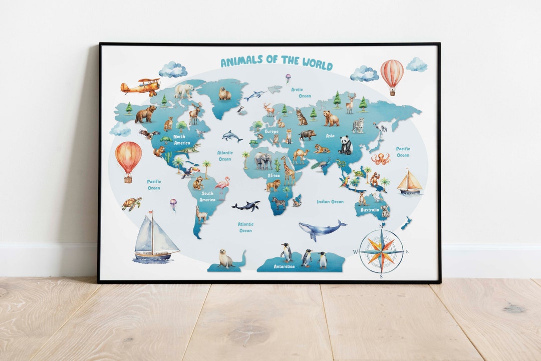 Watercolor World Map Print for Boys, Animal World Map Print, Nursery ...