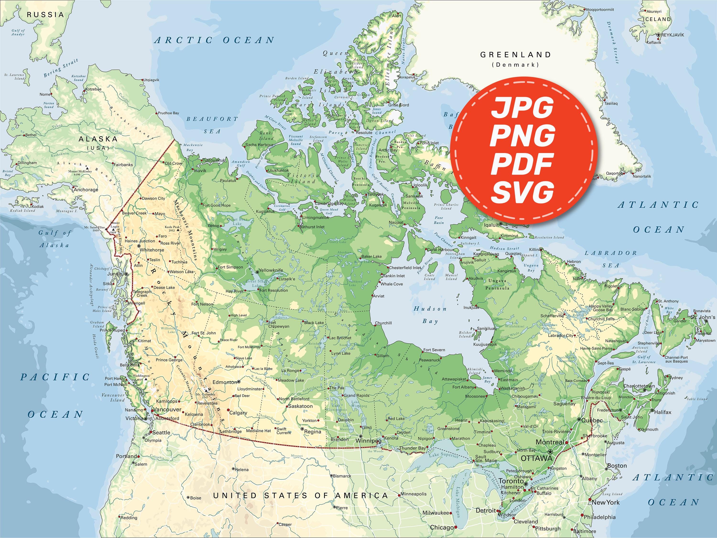 Canada Detailed Physical Map. Canadian Terrain Vector Map. Educational