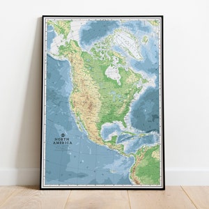 Carte du relief de l'Amérique du Nord | affiche de carte de l'Amérique du Nord | Carte artistique murale en relief du continent américain sur toile | Plan de la classe