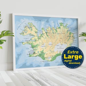 Gedetailleerde fysieke kaart van IJsland. IJsland terrein vector kaart. Educatieve kaartprint met steden en hoofdsteden. Svg-, jpg-, png- en pdf-bestanden direct downloaden