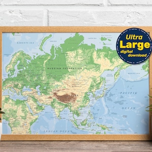 Asien Detaillierte Physische Karte. Asien Vektorkarte. "Lernendes Kontinent Poster mit Ländern, Städten und Hauptstädten." Laden Sie svg, jpg, png und pdf herunter.