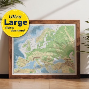 Afdruk van de terreinkaart van Europa. AFDRUKBARE fysieke kaart in hoge resolutie van Europa. EU-kaart kunst aan de muur. Direct downloaden voor reizen, onderwijs en decoratie.