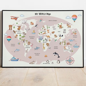 Wereldkaart print voor meisjes, Animal World kaart print, Kinderkamer decor, Educatieve Kinderen Kawaii art print. AFDRUKBARE kwekerij reisdecor