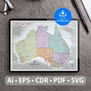 Mapa vectorial de Australia. Archivos SVG, AI, EPS, CDR y PDF incluidos. Mapa detallado de Australia escalable y editable. Ideal para decoración, estudio y viajes.