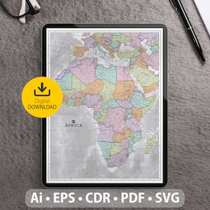 Mapa vectorial de África. Archivos SVG, AI, EPS, CDR y PDF incluidos. Mapa detallado del continente africano escalable y editable. Para decoración, estudio y viajes.