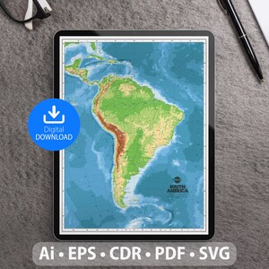 Mapa vectorial de Sudamérica. Archivos SVG, AI, EPS, CDR y PDF incluidos. Mapa detallado de Sudamérica escalable y editable. Para decoración, estudio y viajes.