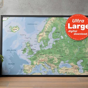 Mapa detalhado do terreno da Europa. Mapa digital da Europa com países, cidades, capitais. Impressão de continente em alta resolução. svg, jpg, png e pdf.