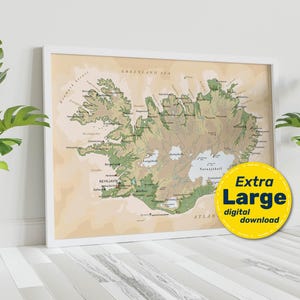 Vintage fysieke kaart van IJsland. IJsland terrein vector kaart. Educatieve kaartprint met steden en hoofdsteden. Digitale download svg, jpg, png en pdf.