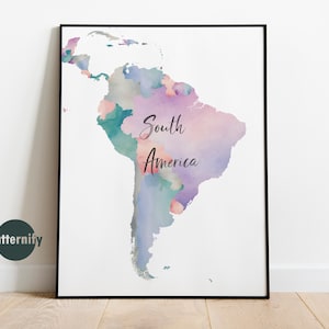Impresión abstracta de mapas de América del Sur en acuarela. Cartel moderno del mapa colorido de América del Sur. Mural. DESCARGA DIGITAL. ¡2 versiones incluidas!
