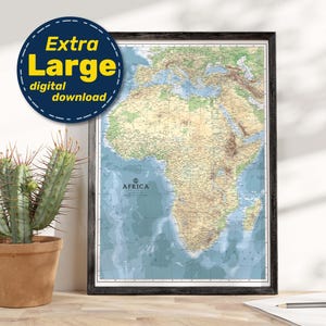 Afrika physische Karte Druck. Hochauflösende DRUCKBARE Afrika Karte des Kontinents. Afrika Karte Wandkunst. Download Für Reisen, Bildung, & Dekor.
