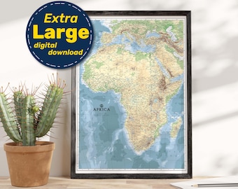 Africa Physical Map Print. High-Resolution PRINTABLE Africa Continent Map. Africa Map Wall Art. Download For Travel, Education, & Decor.