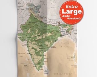 India Vintage Physical Map. Indian Terrain Vector Map. Print with cities, capitals. Download svg jpg png, and pdf. Travel, Education, Decor