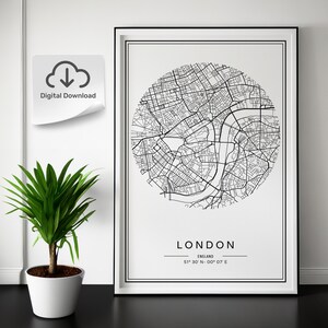 London City Map Print, Modern Contemporary poster in 5 different aspect ratios to fit all frame sizes. Black and White. DIGITAL DOWNLOAD.