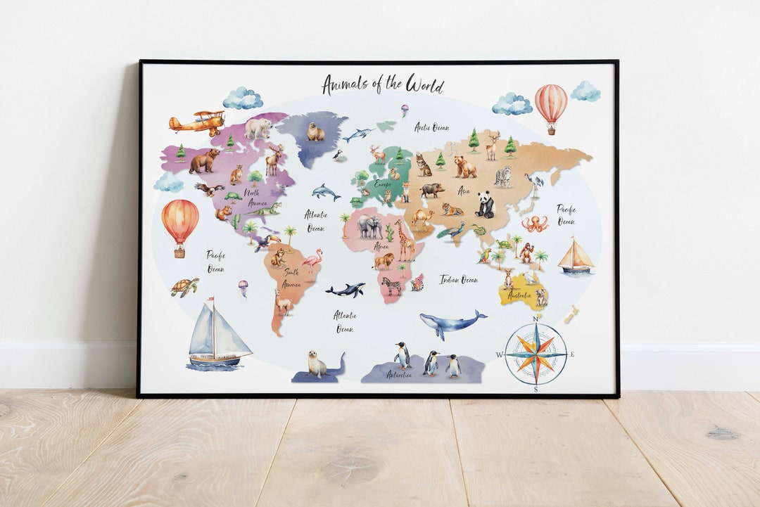 Watercolor World Map Print for Kids, Animal World Map Print, Nursery ...